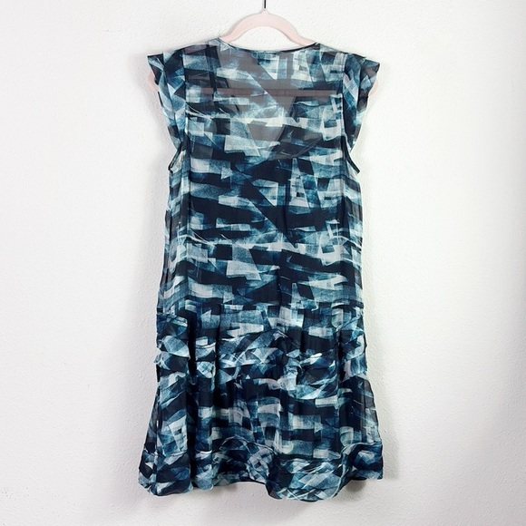 Theory 100% Silk Abstract Blue Teal Black Mini Ruffled Flutter Sleeves Dress 6 - Picture 11 of 14